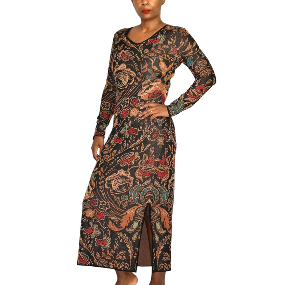 Peruvian Connection Floral Dress Black Tapestry Jacquard Long Sleeves Long Small - Picture 2 of 15